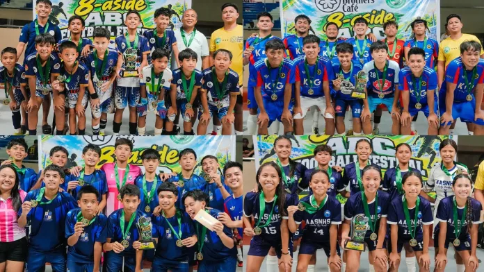 A 2x2 grid photo showing the four division champion teams of the Abdullah Brothers’ Cafe (ABC) 8-A-Side Football Festival—Isabel FC (U12), Dabdab FC (Men’s Open), Holy Cross Bukidnon (U16), and Manukan United FC (Women’s Open)—posing with their trophies and medals in Tubod, Lanao del Norte.