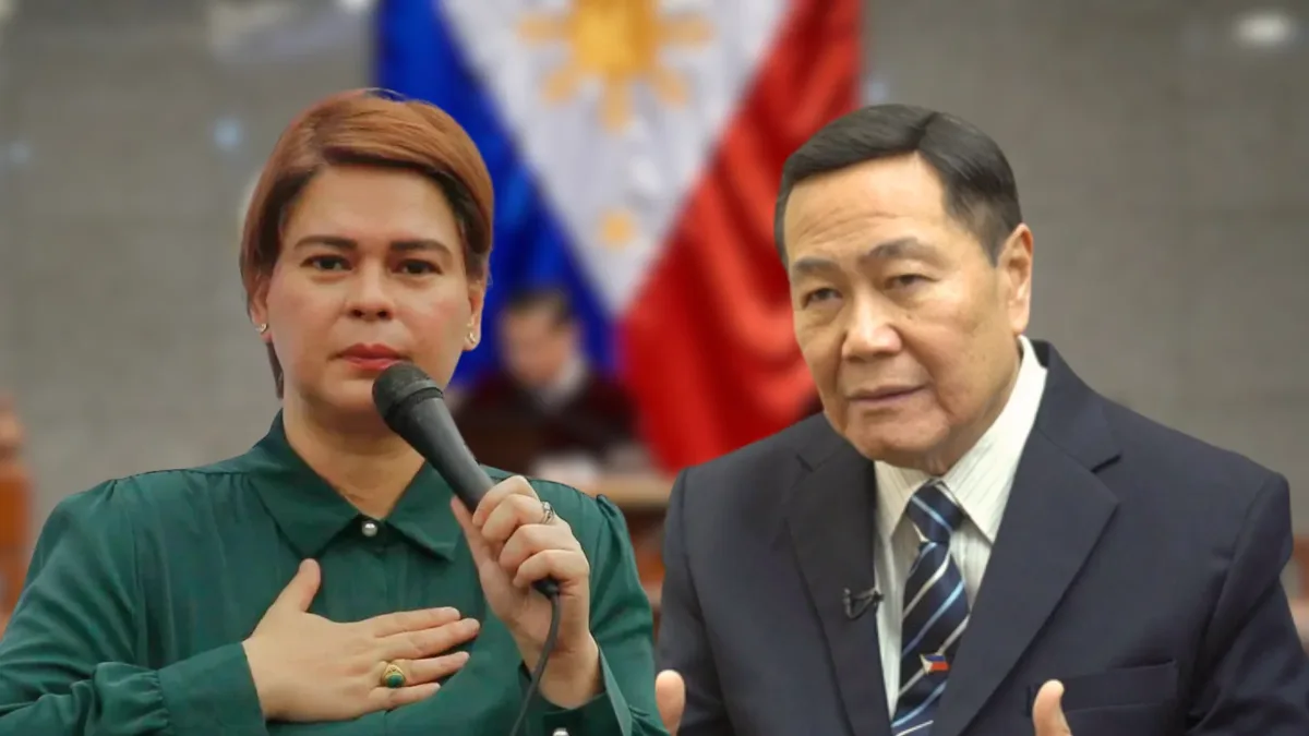 A composite graphic featuring Vice President Sara Duterte speaking into a microphone on the left and former Supreme Court Senior Associate Justice Antonio Carpio on the right.