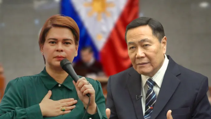 A composite graphic featuring Vice President Sara Duterte speaking into a microphone on the left and former Supreme Court Senior Associate Justice Antonio Carpio on the right.