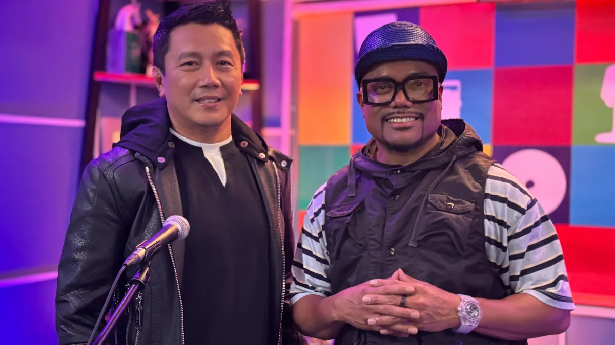 Global music icon Apl.de.Ap and Mindanao artist Datu Khomeini pose inside a recording studio during the promotion of their track "Pinoy United" from the solo EP PPP (Power to the Pilipino People).