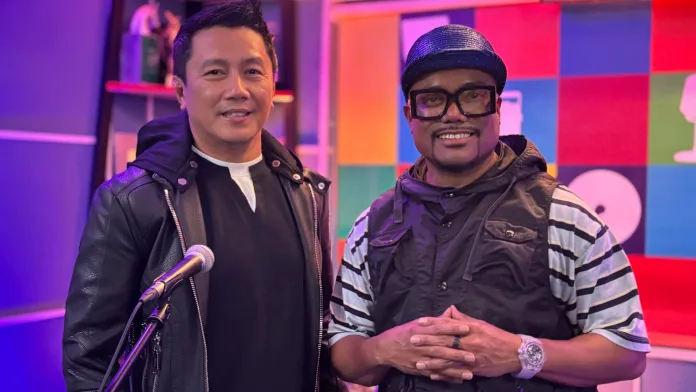 Global music icon Apl.de.Ap and Mindanao artist Datu Khomeini pose inside a recording studio during the promotion of their track "Pinoy United" from the solo EP PPP (Power to the Pilipino People).