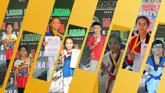 A multi-photo angled collage showcasing eight student-athletes from Buenavista Special Education Elementary School proudly displaying their gold and silver medals and certificates won at the 2026 MVP Sports Foundation Mindanao Best of the Best Taekwondo Championships.