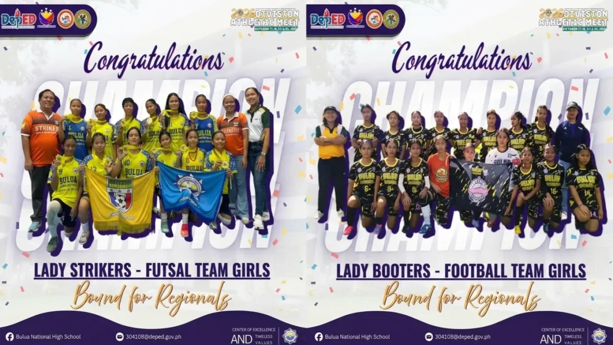 A side-by-side congratulatory poster graphic featuring the Bulua Strikers girls' futsal team and the Lady Booters secondary girls' football team holding banners and wearing championship medals.
