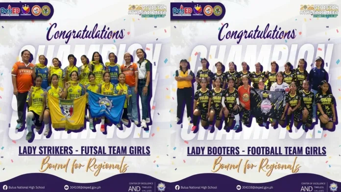 A side-by-side congratulatory poster graphic featuring the Bulua Strikers girls' futsal team and the Lady Booters secondary girls' football team holding banners and wearing championship medals.