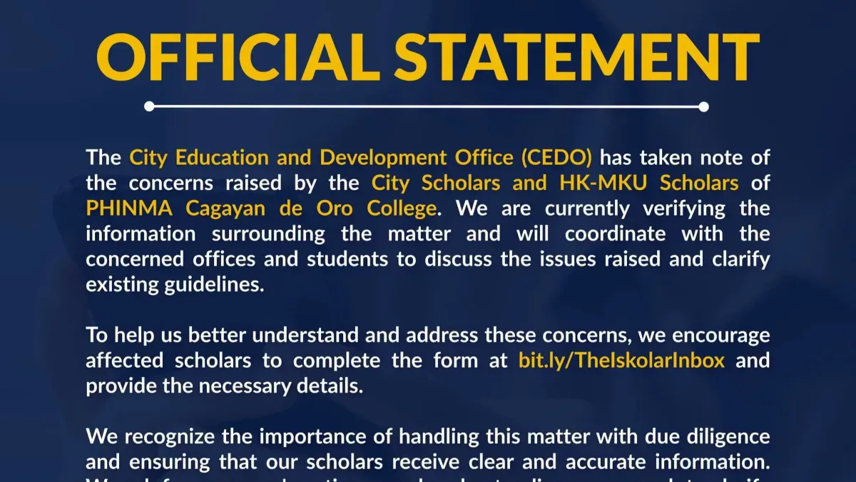 An official graphic statement from the Cagayan de Oro City Education and Development Office (CEDO) regarding concerns raised by City Scholars and HK-MKU Scholars enrolled at PHINMA Cagayan de Oro College.