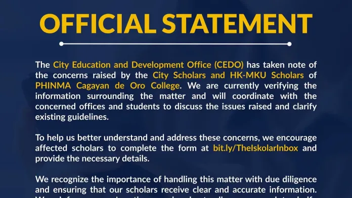 An official graphic statement from the Cagayan de Oro City Education and Development Office (CEDO) regarding concerns raised by City Scholars and HK-MKU Scholars enrolled at PHINMA Cagayan de Oro College.