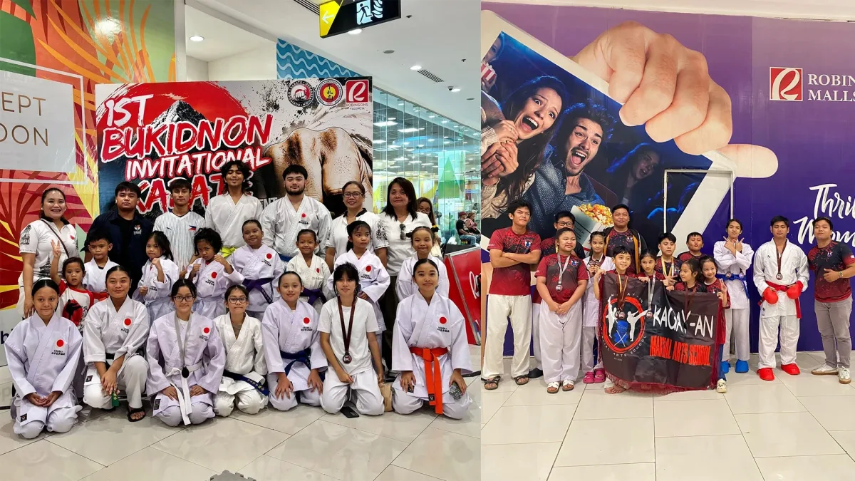 Members of Kagay-an Martial Arts School and Japan Karate Association (JKA) Cagayan de Oro pose with medals, trophies, and banners following the 1st Bukidnon Karate Invitational Tournament at Robinsons Place Valencia