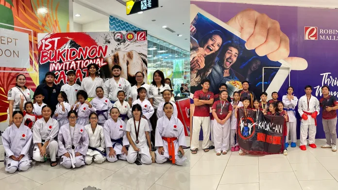 Members of Kagay-an Martial Arts School and Japan Karate Association (JKA) Cagayan de Oro pose with medals, trophies, and banners following the 1st Bukidnon Karate Invitational Tournament at Robinsons Place Valencia