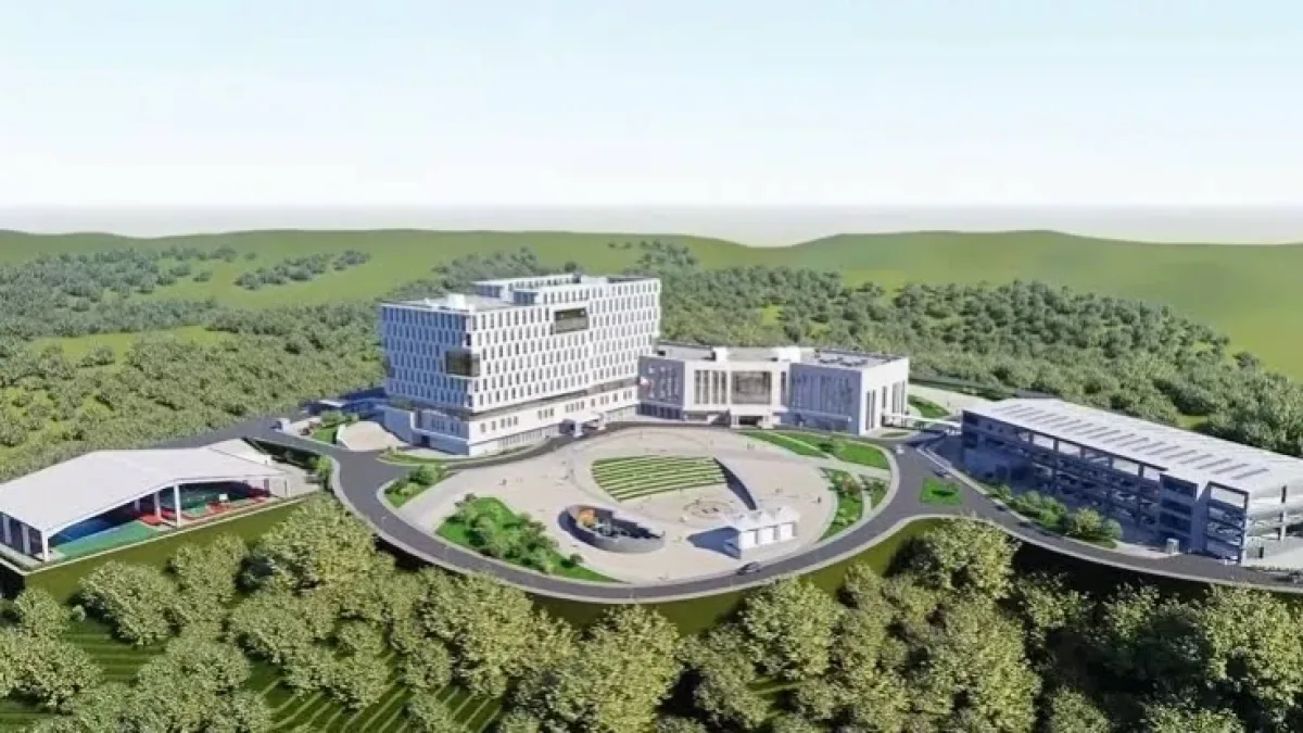3D architectural rendering showing an aerial view of the proposed ₱8.5-billion Cagayan de Oro City Government Complex in Barangay Upper Carmen, featuring multi-story administrative buildings, plazas, and parking facilities surrounded by greenery.