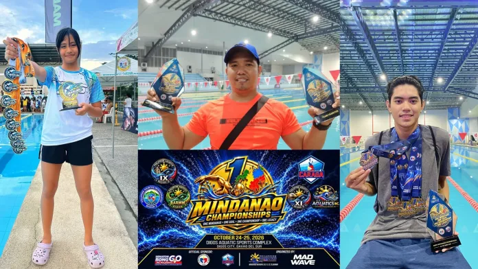 A three-panel composite photo showing DavNor Blue Marlins swimmer Ishanie Blaire Dugay holding her medals (left), Best Coach recipient Amil Cabatuan displaying team trophies (center), and 16-to-18 division Most Outstanding Swimmer Kian Lescano holding his awards (right) at the Digos City Sports Complex Swimming Pool.