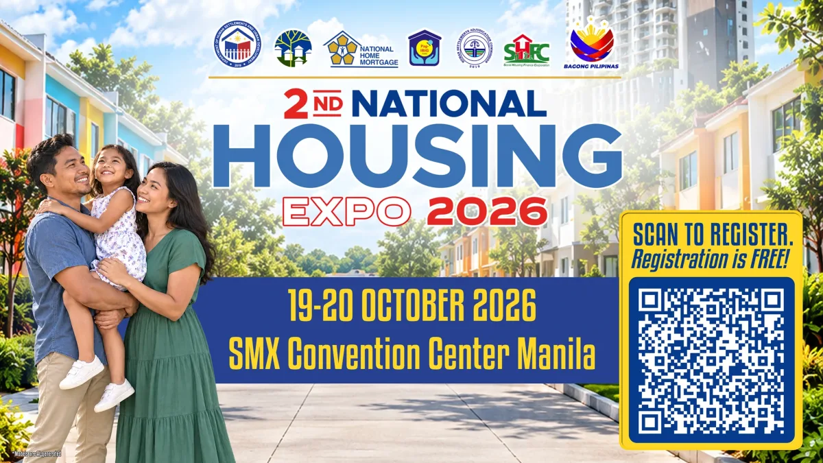 An official promotional graphic for the 2nd National Housing Expo 2026 featuring a smiling Filipino family against a backdrop of modern residential homes, key shelter agency logos, event dates (19–20 October 2026 at SMX Convention Center Manila), and a registration QR code.