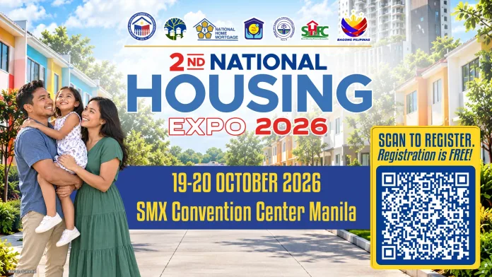 An official promotional graphic for the 2nd National Housing Expo 2026 featuring a smiling Filipino family against a backdrop of modern residential homes, key shelter agency logos, event dates (19–20 October 2026 at SMX Convention Center Manila), and a registration QR code.