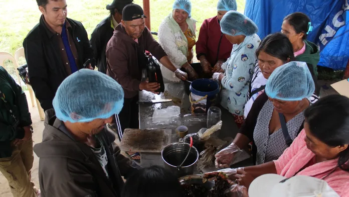 Talaandig indigenous farmers from the Balugto "Hope" Agroforestry Association wear hairnets and plastic gloves as they learn to mix organic fertilizers and manage seeds during a DOST-10 hands-on training session in Barangay San Miguel.