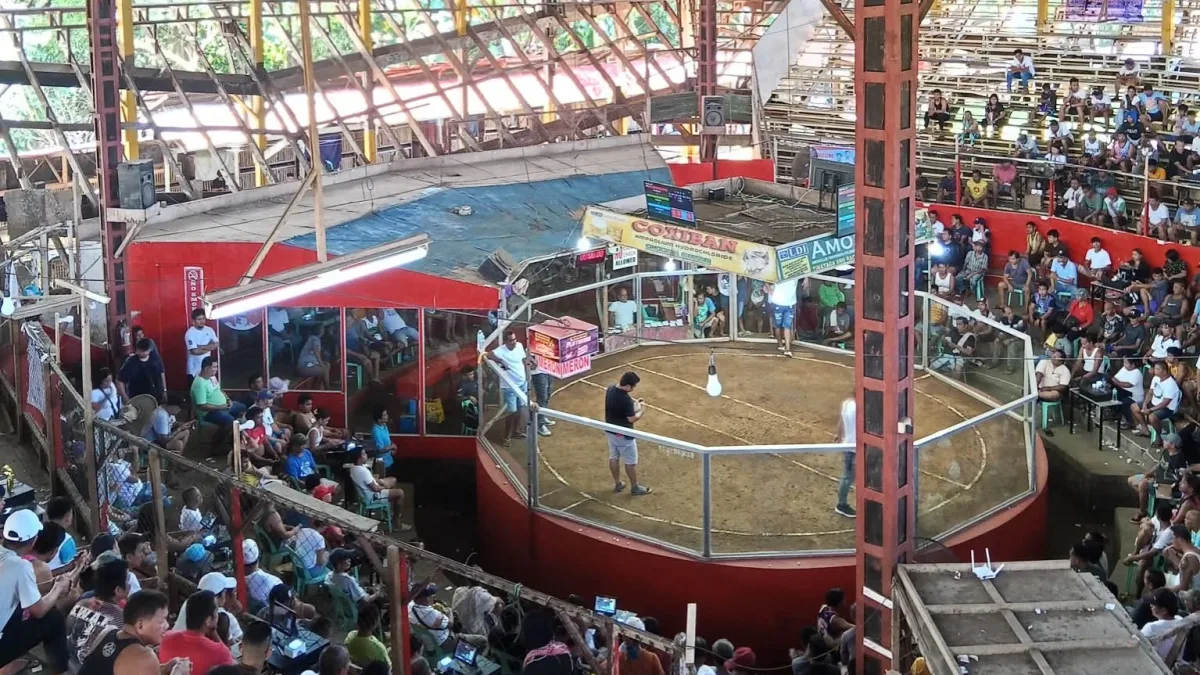 An interior view of the Mercado Sports Arena cockpit in Gingoog City, showing spectators seated around a central glass-enclosed ring.