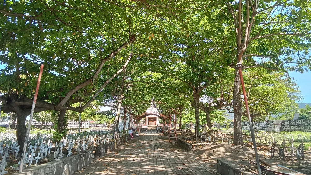 A tree-lined paved walkway leading toward a central chapel structure at the Roman Catholic Cemetery in Gingoog City, Misamis Oriental, ahead of Undas 2026.
