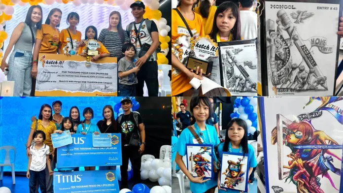A multi-panel collage featuring sisters Mitch Brielle and Alythea Micka Q. Gutierrez posing with their families, ceremonial cash prize checks, trophy plaques, and winning artworks from the Mongol Sketch It! and Titus Pens iDoodle Challenge 2026 in Cagayan de Oro City.