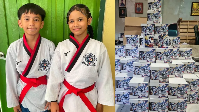 A promotional graphic and fundraiser poster for 11-year-old taekwondo athletes Zhakari Zane J. Ebarat and Kissez Gemoto of Igpit Elementary School seeking community support for the Batang Pinoy national finals in Bacolod City.