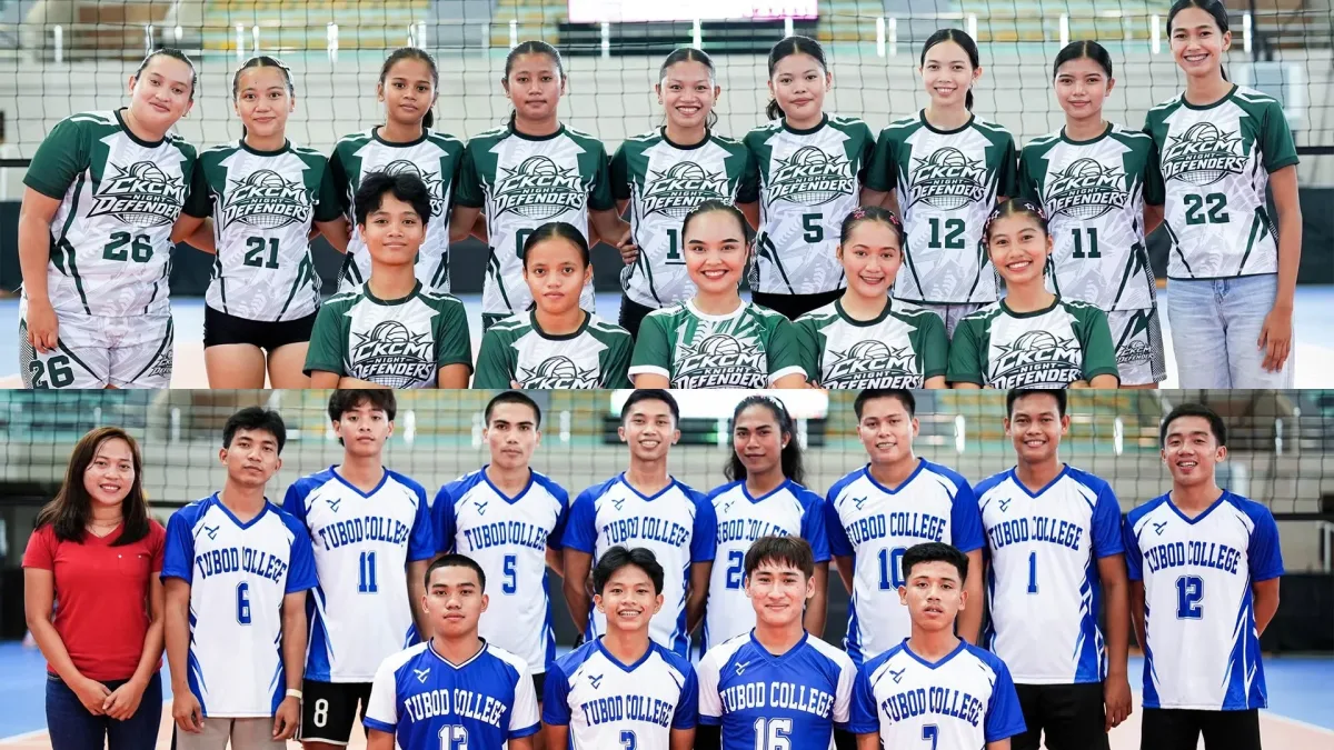 A split photo featuring the Christ the King College de Maranding (CKCM) women's volleyball team in green and white jerseys on top and the Tubod College men's volleyball team in blue and white jerseys on the bottom at the Mindanao Civic Center.