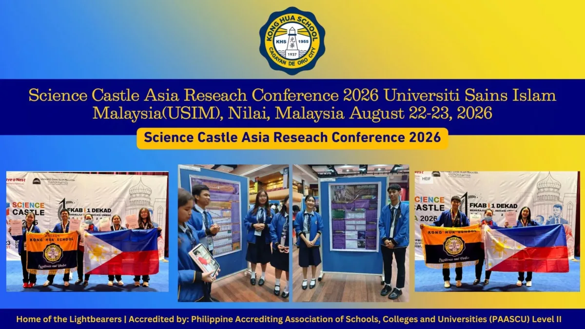 A multi-photo color banner showing student researchers from Kong Hua School presenting their scientific research posters and displaying the Philippine flag and school banner at Universiti Sains Islam Malaysia in Nilai, Malaysia.