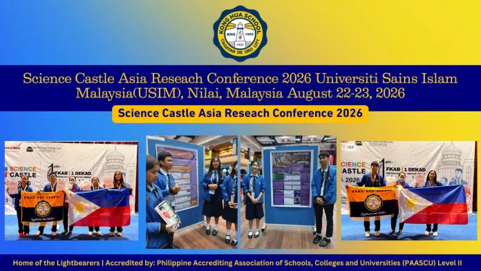 A multi-photo color banner showing student researchers from Kong Hua School presenting their scientific research posters and displaying the Philippine flag and school banner at Universiti Sains Islam Malaysia in Nilai, Malaysia.