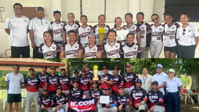 A two-panel composite photo showing the Liceo de Cagayan women's softball team holding their trophy (top) and the JK.COM Zamboanga City men's softball team posing with their banner and championship trophy (bottom) at Caraga State University in Butuan City.