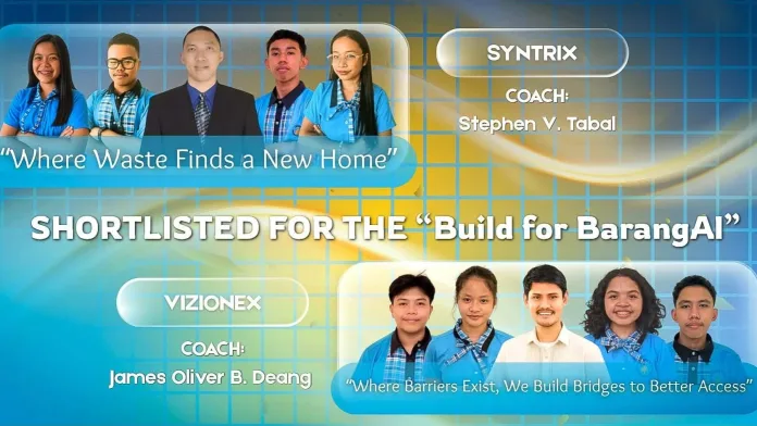 A promotional graphic featuring student members and coaches of Team SyntRix and Team VIZIONEX from Lanao del Norte National Comprehensive High School, shortlisted for the Build for BarangAI national hackathon.