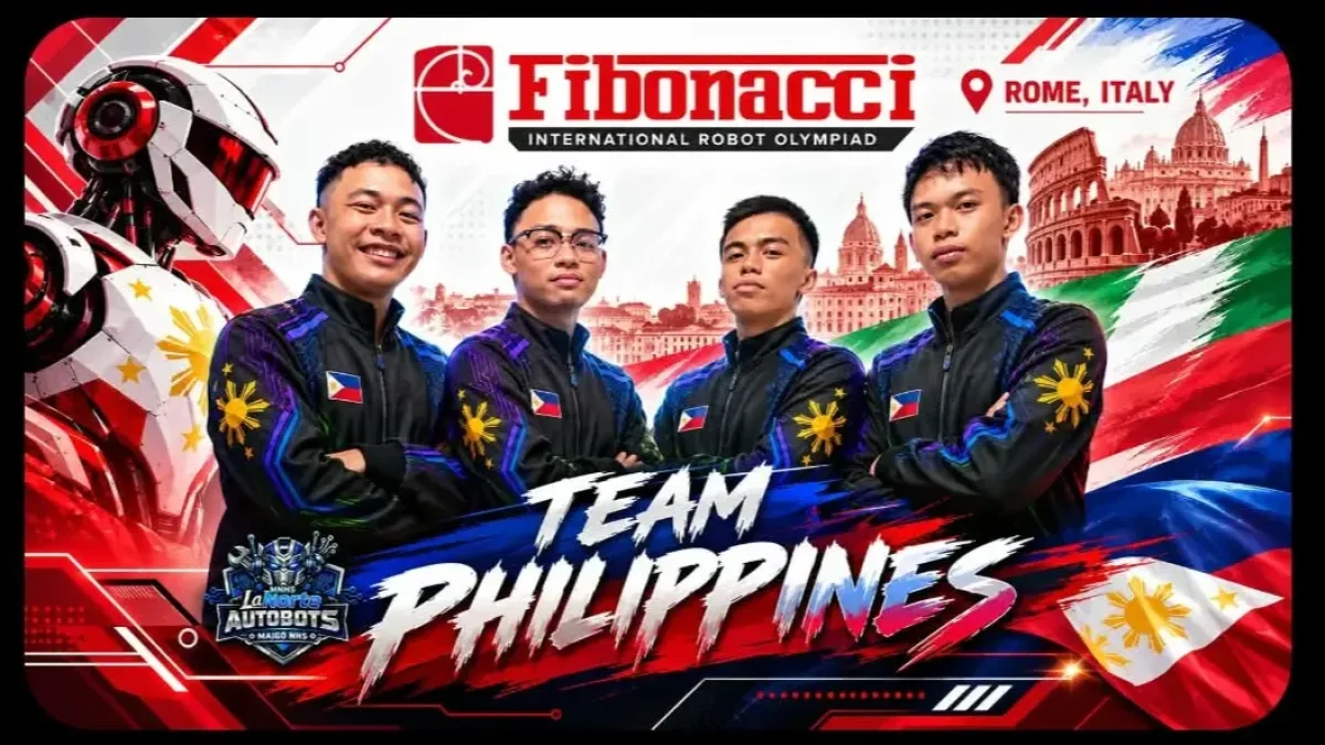 Members of the MNHS LaNorte Autobots robotics team from Maigo, Lanao del Norte—Kynt Jovic G. Cabutaje, Fitz T. Tompong, Angelou V. Pagobo, and Venz Andrey P. Bentic—pose in Philippine team jackets on a promotional graphics poster for the Fibonacci International Robot Olympiad in Rome, Italy.