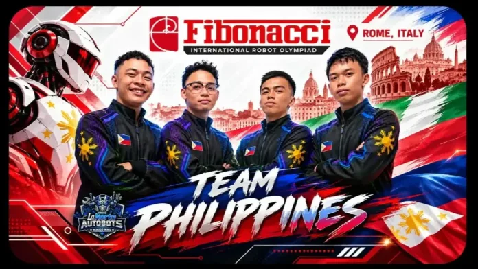 Members of the MNHS LaNorte Autobots robotics team from Maigo, Lanao del Norte—Kynt Jovic G. Cabutaje, Fitz T. Tompong, Angelou V. Pagobo, and Venz Andrey P. Bentic—pose in Philippine team jackets on a promotional graphics poster for the Fibonacci International Robot Olympiad in Rome, Italy.