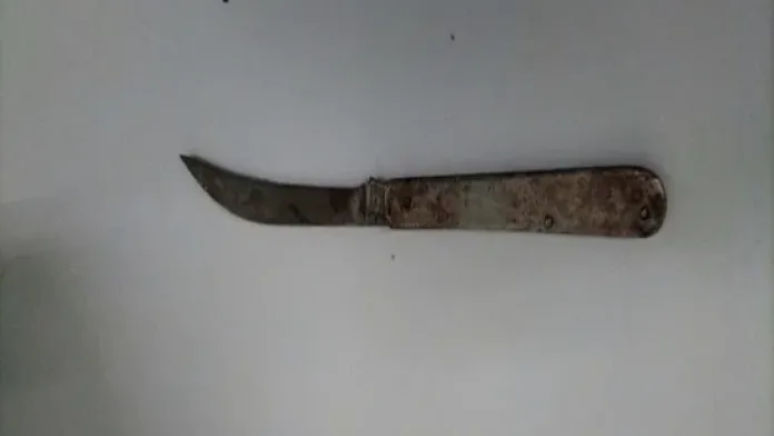 A small, curved bladed knife allegedly used in a stabbing incident lies flat against a plain surface following its surrender to police in Malaybalay City, Bukidnon.