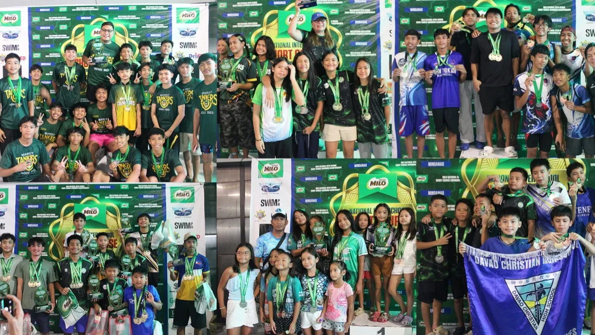 A multi-panel photo collage featuring winning student-athletes, team champions, and Most Outstanding Swimmers wearing medals and holding trophies during the MILO Interschool Short Course Swimming Championship – Mindanao Leg awards ceremony at the Ateneo de Davao University Matina Campus.
