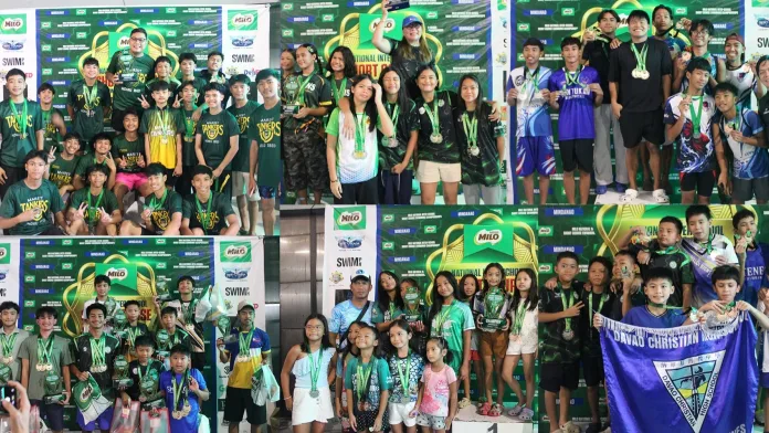A multi-panel photo collage featuring winning student-athletes, team champions, and Most Outstanding Swimmers wearing medals and holding trophies during the MILO Interschool Short Course Swimming Championship – Mindanao Leg awards ceremony at the Ateneo de Davao University Matina Campus.