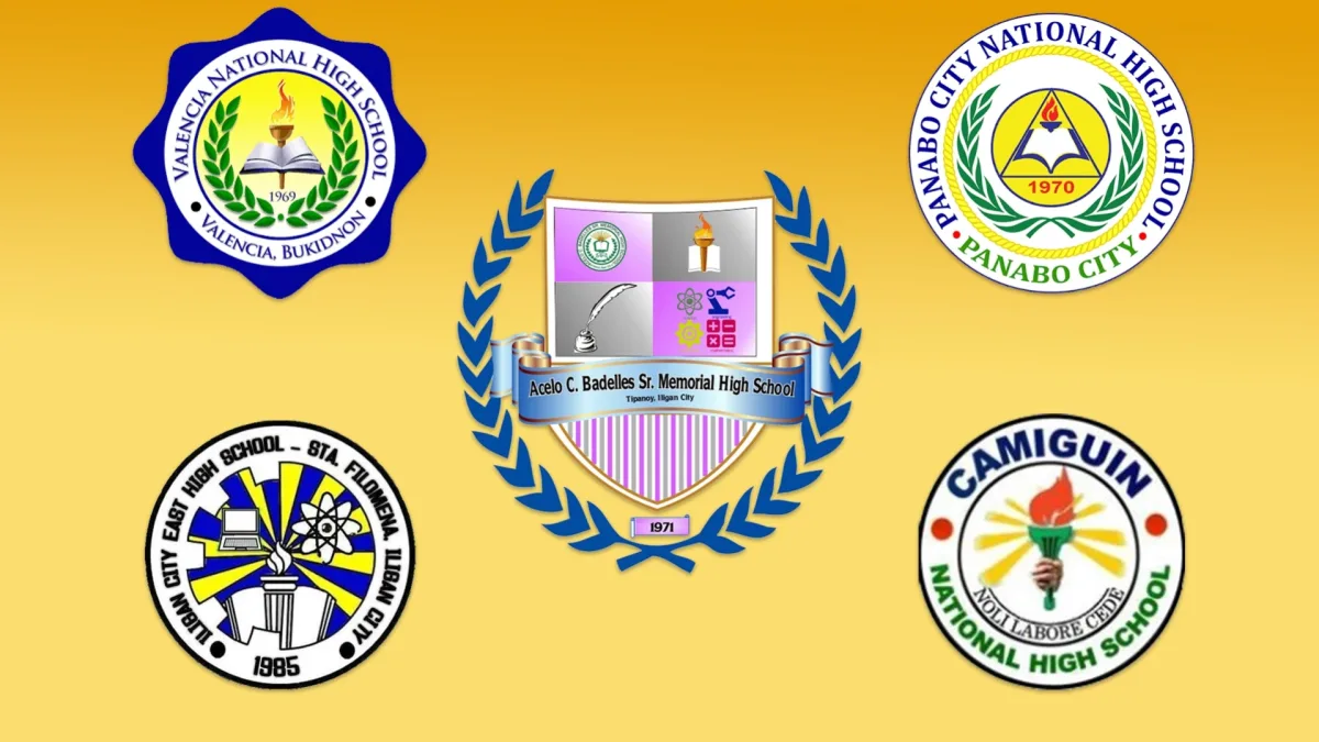 A composite image displaying the official school crests of the five Mindanao secondary schools qualifying for the 10th DOST-SEI iMake.WeMake national finals: Acelo C. Badelles Sr. Memorial High School, Valencia National High School, Panabo City National High School, Iligan City East National High School, and Camiguin National High School.