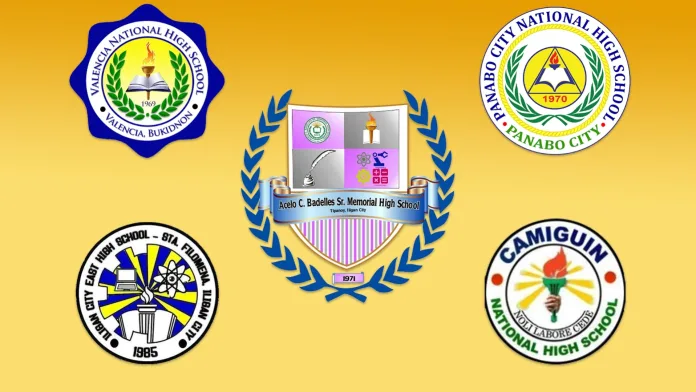 A composite image displaying the official school crests of the five Mindanao secondary schools qualifying for the 10th DOST-SEI iMake.WeMake national finals: Acelo C. Badelles Sr. Memorial High School, Valencia National High School, Panabo City National High School, Iligan City East National High School, and Camiguin National High School.