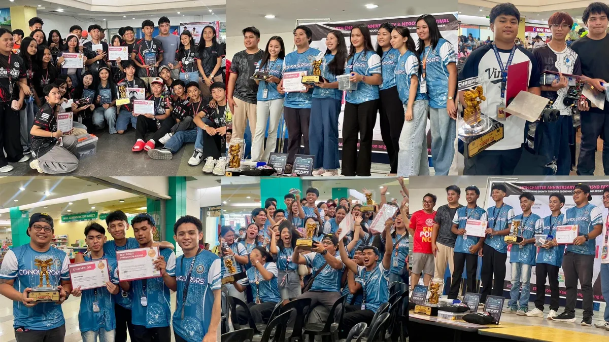 A collage of winning student robotics teams holding trophies and certificates during the inaugural Mayor Erlinda P. Araquil Mindanao-Wide Robotics Competition at Gaisano Grand Mall Koronadal.