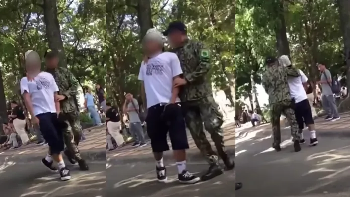 A three-frame video screenshot sequence showing a police officer holding a young skateboarder by the neck and arm while escorting him away at the Misamis Oriental Provincial Capitol Grounds in Cagayan de Oro City.