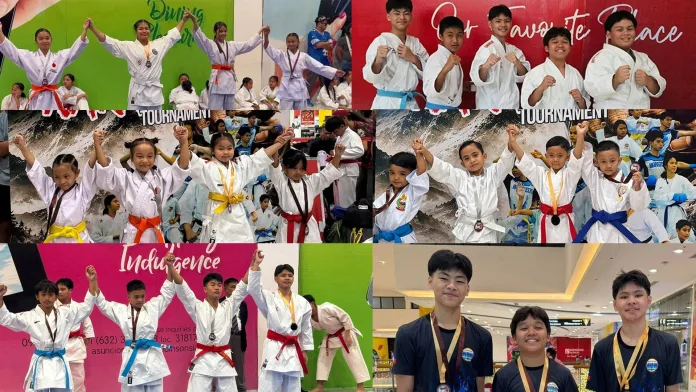 A multi-photo collage showcasing young karate athletes from Mindanao Mixed Martial Arts Academy, Inc. displaying their medals and raising their hands on stage during the 1st Bukidnon Invitational Karate Tournament.