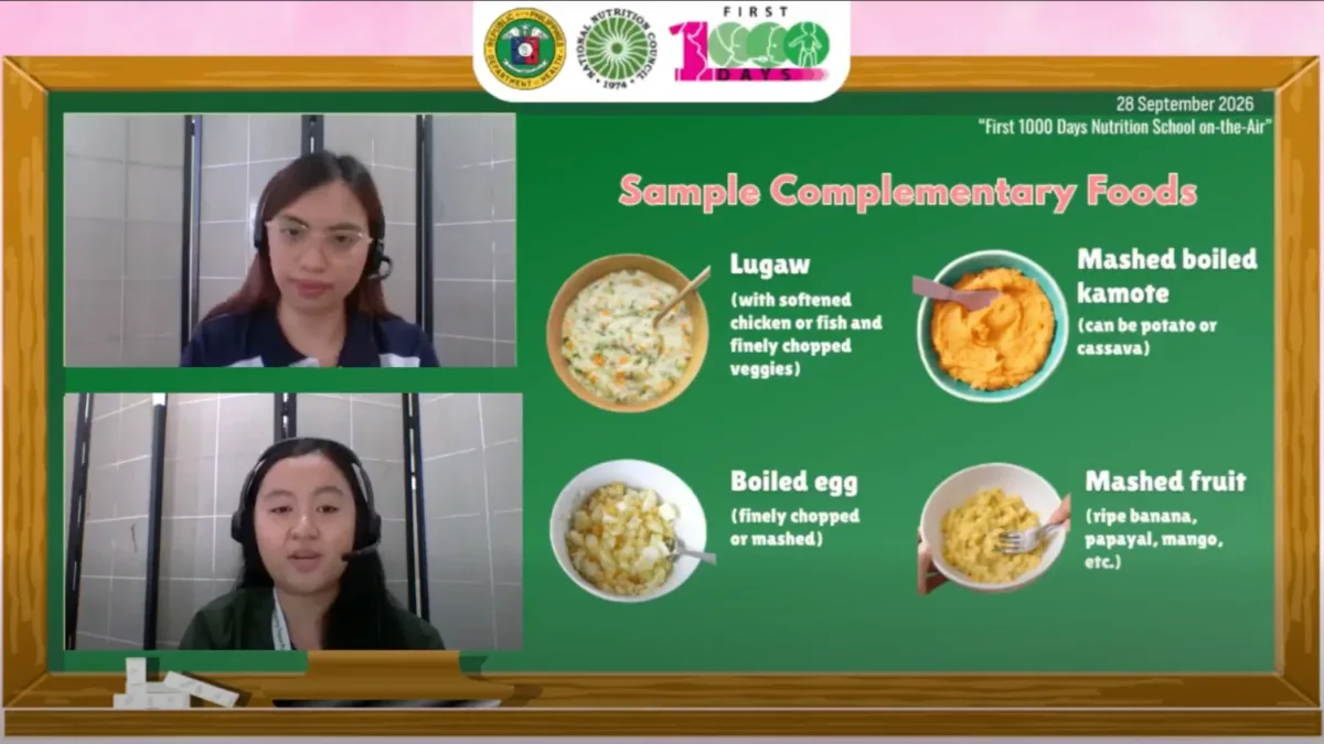 A split-screen educational broadcast graphic by the National Nutrition Council Region 10 featuring two health presenters alongside sample complementary foods including lugaw, mashed kamote, boiled egg, and mashed fruit.