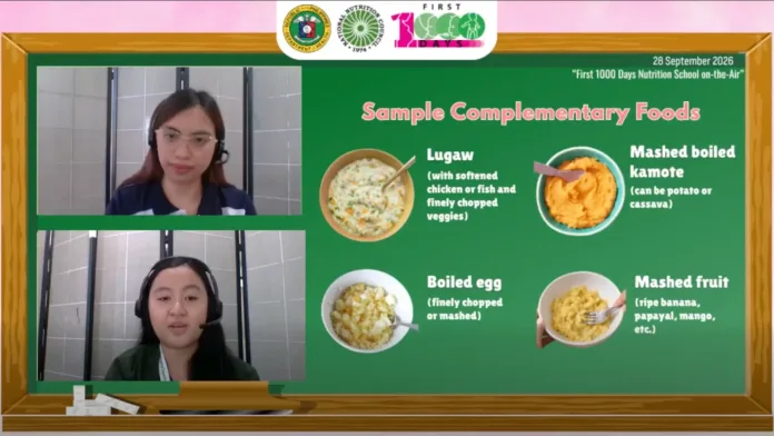A split-screen educational broadcast graphic by the National Nutrition Council Region 10 featuring two health presenters alongside sample complementary foods including lugaw, mashed kamote, boiled egg, and mashed fruit.