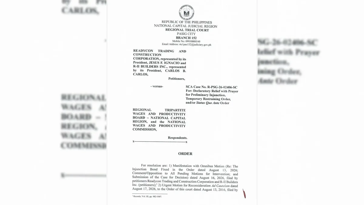 A official court order document from the Pasig City Regional Trial Court Branch 152 for SCA Case No. R-PSG-26-02406-SC involving petitioners Readycon Trading and R-II Builders Inc. against the RTWPB-NCR and NWPC.