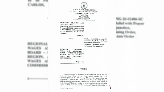 A official court order document from the Pasig City Regional Trial Court Branch 152 for SCA Case No. R-PSG-26-02406-SC involving petitioners Readycon Trading and R-II Builders Inc. against the RTWPB-NCR and NWPC.