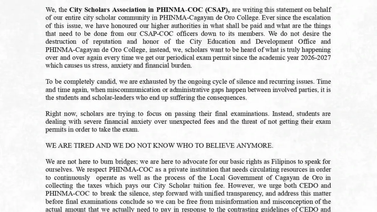 An official written statement issued on October 15, 2026, by the City Scholars Association in PHINMA-COC regarding exam permit issues and conflicting payment guidelines between the institution and the City Education and Development Office.
