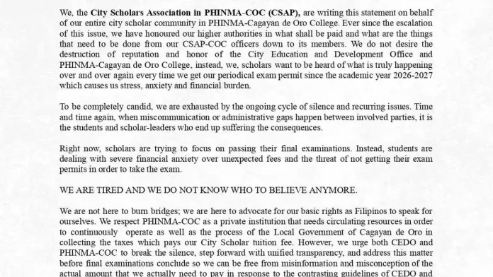 An official written statement issued on October 15, 2026, by the City Scholars Association in PHINMA-COC regarding exam permit issues and conflicting payment guidelines between the institution and the City Education and Development Office.