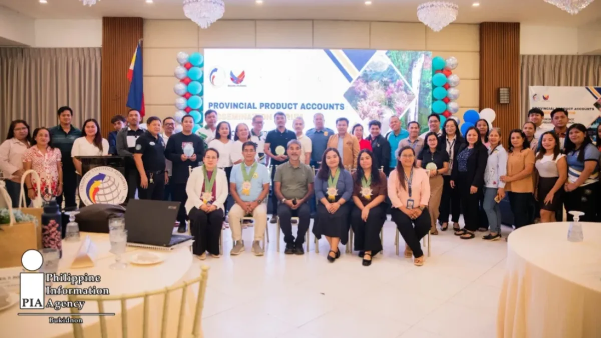 Philippine Statistics Authority officials, led by Chief Statistical Specialist Maria Evangeline N. Non, pose with local government leaders and stakeholders during the Bukidnon Provincial Product Accounts forum in Malaybalay City.