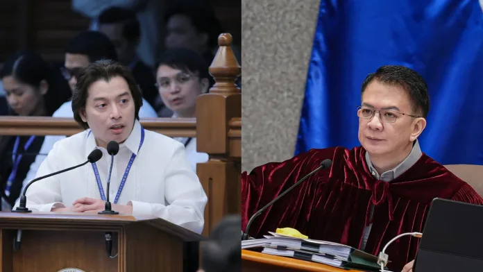 A split photo showing Senate impeachment court Presiding Officer Chiz Escudero in judicial robes alongside defense counsel presenting evidence during a Senate hearing.