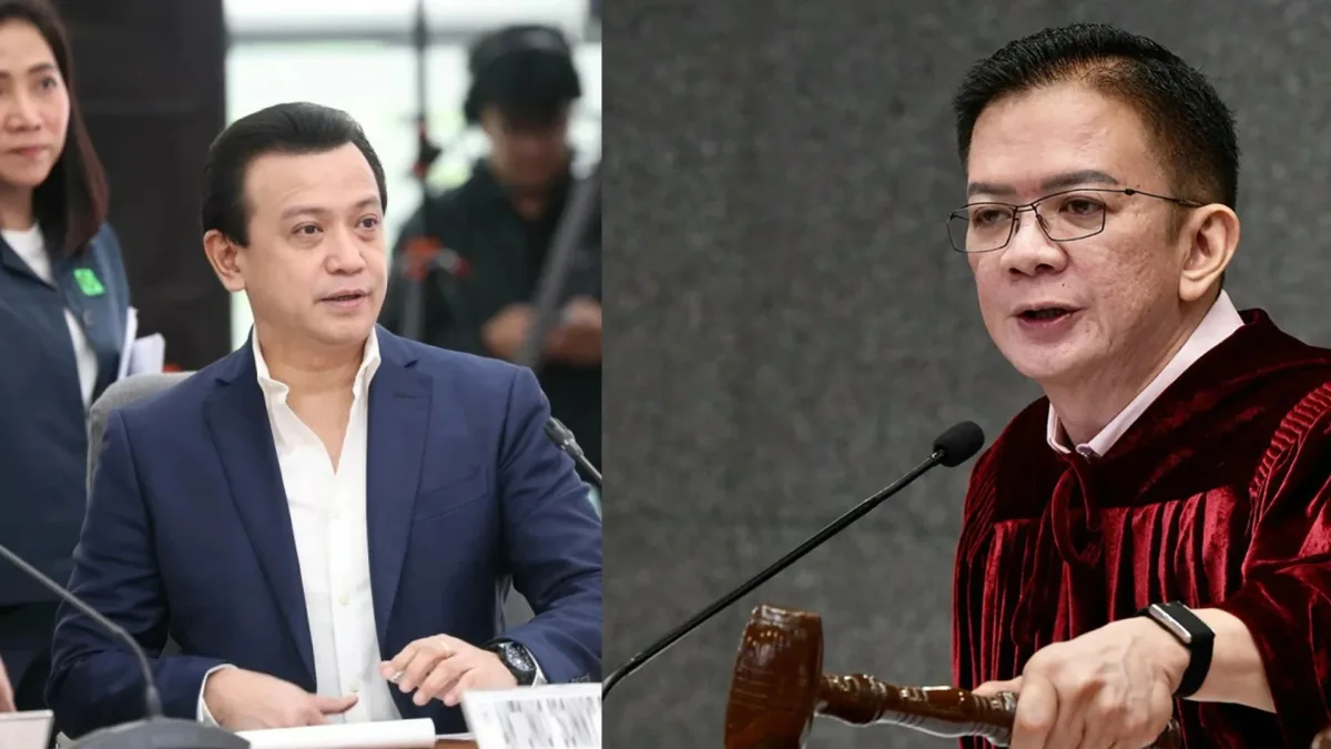A split photo showing former Senator Antonio Trillanes IV during a hearing on the left, and Senate Impeachment Court Presiding Officer Francis "Chiz" Escudero in official robes holding a gavel on the right.