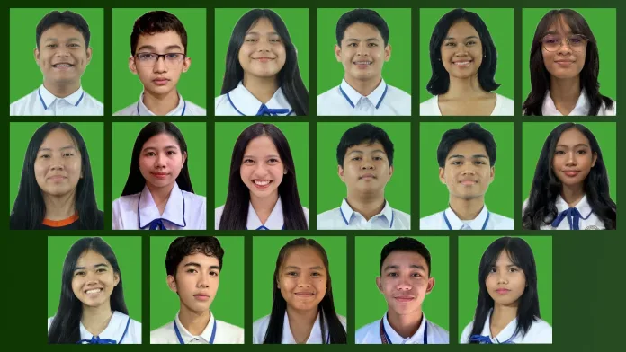 Grid photo showcasing 17 Senior High School STEM students from Valencia National High School in Bukidnon who won medals in the ISOCSEA national competition.