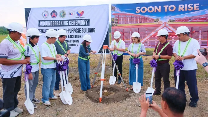 Provincial officials, including Representative Dr. Marly Hofer-Hasim and Vice Governor Ric-Ric Olegario, hold ceremonial shovels and lower a plumb line capsule during the groundbreaking ceremony for the Zamboanga Sibugay Sports Complex and Convention Center.