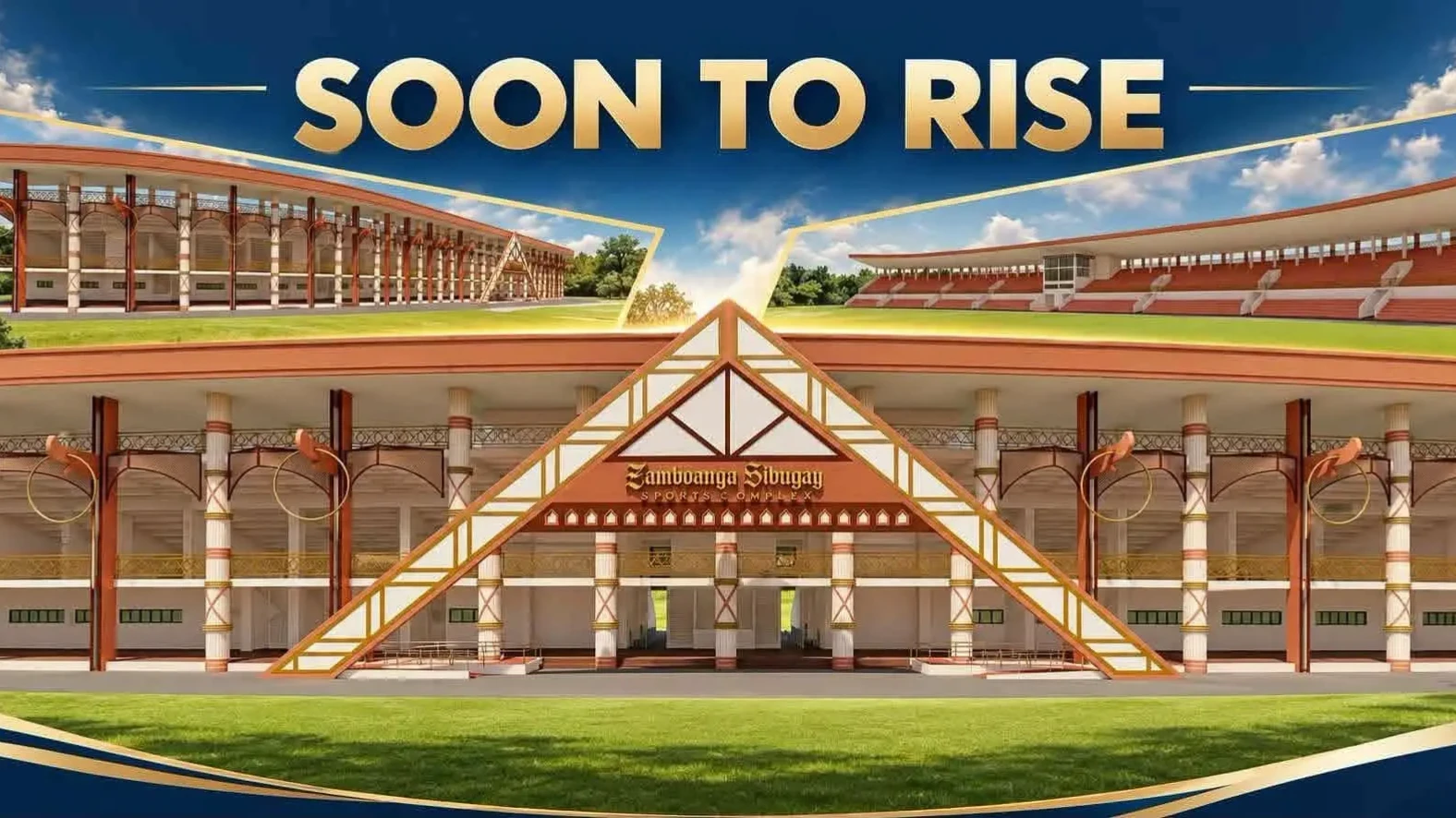 An architectural perspective banner titled "Soon To Rise" showing multi-angle 3D perspective renderings of the planned Zamboanga Sibugay Sports Complex, including its main facade, indoor gymnasium, and grandstand-equipped track oval.
